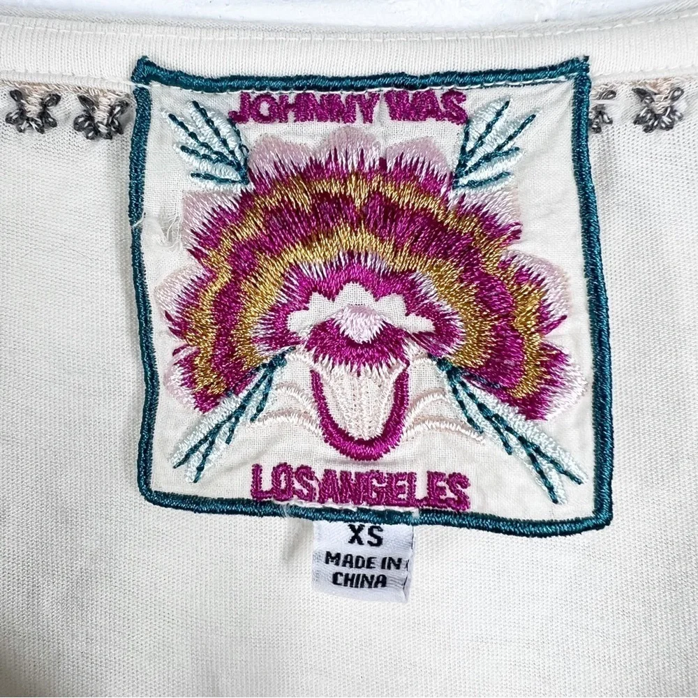 JOHNNY WAS Marushka Trapeze Floral Embroidered Knit Blouse 3/4 sleeve XS